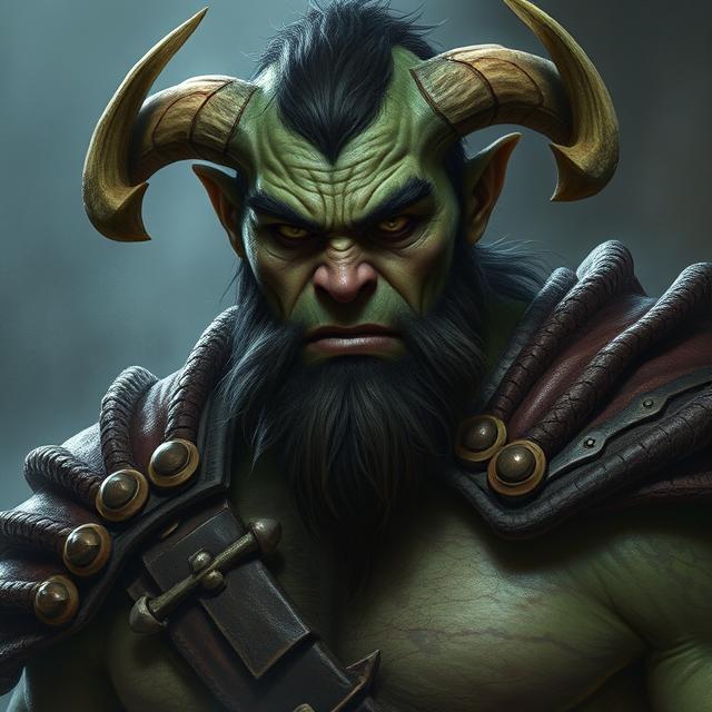A fierce Orc is holding a battle axe, while standing in an attack stance.